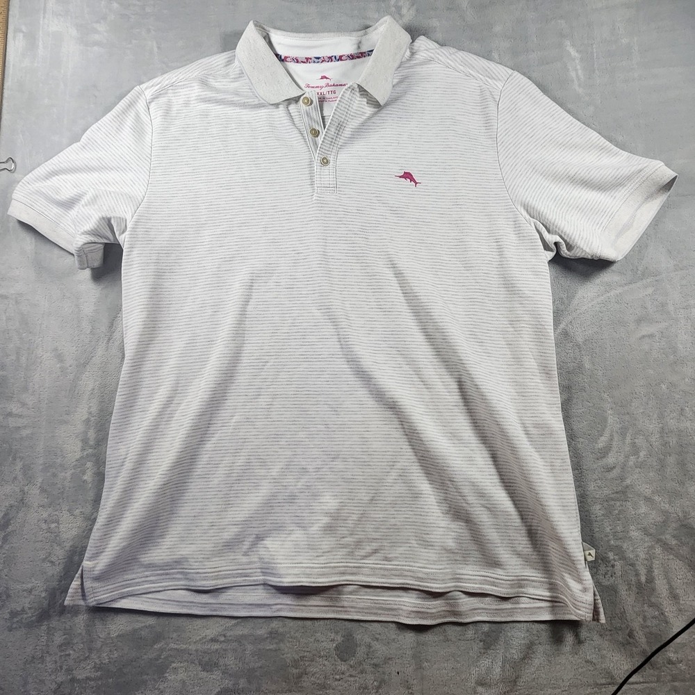 Tommy Bahama Polo Shirt Mens Size 2XL XXL Gray White Striped Embroidered Logo